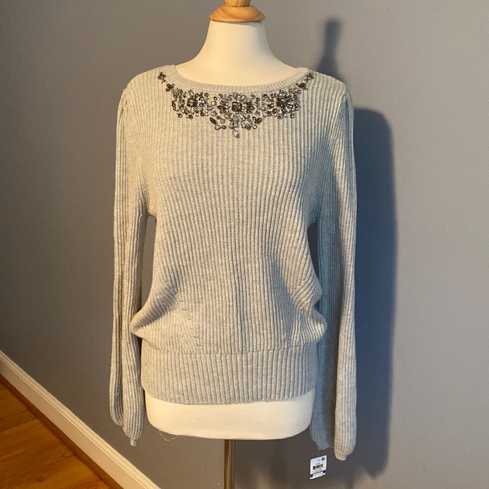 Bell sleeve soft gray knitted sweater, INC, multicolor rhinestone detail XL, New